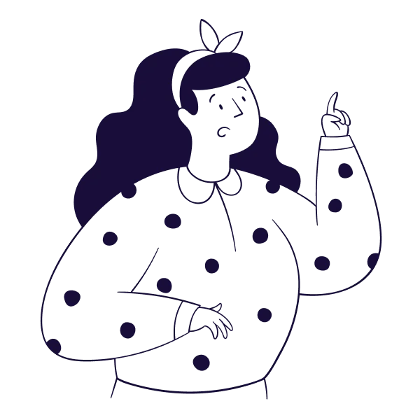 Flat monochromatic illustration in deep purple showing a woman pointing upward with one hand, symbolizing Cognitive Behavioral Therapy (CBT) in Tempe AZ.