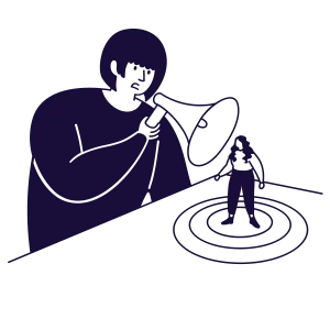 Flat monochromatic illustration in deep purple showing a large figure speaking through a megaphone to a smaller figure standing in rippling circles, symbolizing Internal Family Systems (IFS) Therapy in Tempe AZ.