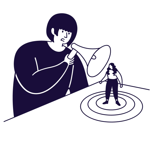 Flat monochromatic illustration in deep purple showing a large figure speaking through a megaphone to a smaller figure standing in rippling circles, symbolizing Internal Family Systems (IFS) Therapy in Tempe AZ.
