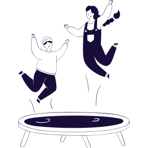 Flat monochromatic illustration in deep purple showing two figures jumping together on a trampoline, symbolizing Internal Family Systems (IFS) Therapy in Tempe AZ.