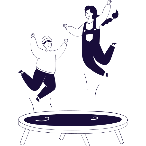 Flat monochromatic illustration in deep purple showing two figures jumping together on a trampoline, symbolizing Internal Family Systems (IFS) Therapy in Tempe AZ.