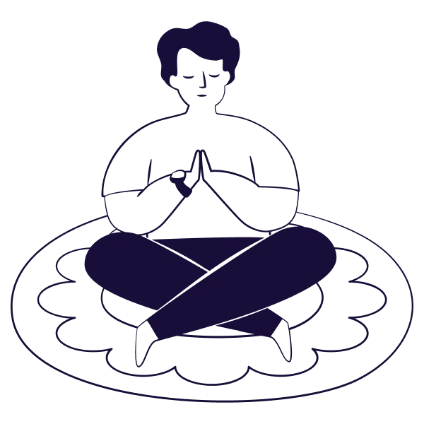 Flat monochromatic illustration in deep purple showing a person seated cross-legged on a patterned mat with hands together in front, symbolizing Solution-Focused Brief Therapy (SFBT) in Tempe AZ.