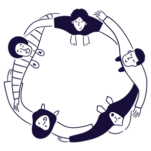 Flat monochromatic illustration in deep purple showing five figures holding hands in a circle, symbolizing Support Groups in Tempe AZ.