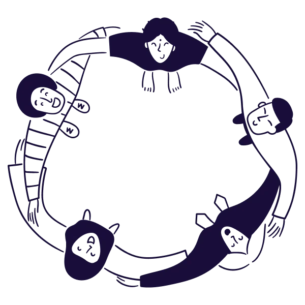 Flat monochromatic illustration in deep purple showing five figures holding hands in a circle, symbolizing Support Groups in Tempe AZ.