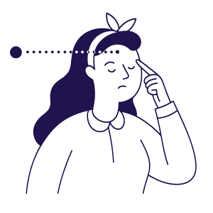 Flat monochromatic illustration in deep purple showing a woman with eyes closed pointing to her temple as a line of dots extends to a spot in front of her, symbolizing Brainspotting Therapy in Tempe AZ.