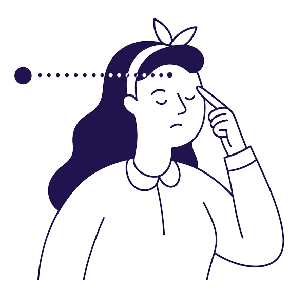 Flat monochromatic illustration in deep purple showing a woman with eyes closed pointing to her temple as a line of dots extends to a spot in front of her, symbolizing Brainspotting Therapy in Tempe AZ.