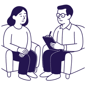 Flat monochromatic illustration in deep purple showing a therapist writing on a clipboard while listening to a client seated across from them, symbolizing Individual Therapy in Tempe AZ.