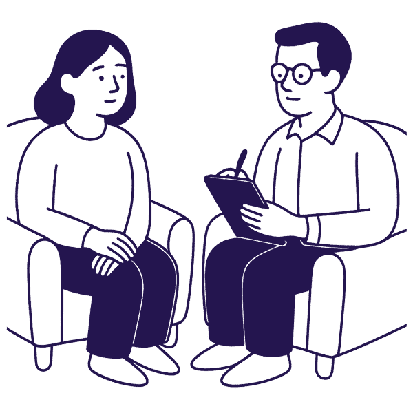 Flat monochromatic illustration in deep purple showing a therapist writing on a clipboard while listening to a client seated across from them, symbolizing Individual Therapy in Tempe AZ.